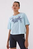 Açık Mavi Asimetrik Yazı Baskılı O Yaka Kadın Oversize T-Shirt - 97136 | XXL