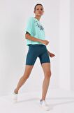 Mint Yeşili Asimetrik Yazı Baskılı O Yaka Kadın Oversize T-Shirt - 97136 | XXL