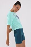 Mint Yeşili Asimetrik Yazı Baskılı O Yaka Kadın Oversize T-Shirt - 97136 | XXL