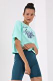 Mint Yeşili Asimetrik Yazı Baskılı O Yaka Kadın Oversize T-Shirt - 97136 | XXL
