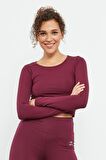 Bordo Uzun Kollu Dar Kalıp  O Yaka Kadın Crop Top - 97150 | S