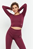 Bordo Uzun Kollu Dar Kalıp  O Yaka Kadın Crop Top - 97150 | S