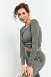 Çağla Uzun Kollu Dar Kalıp  O Yaka Kadın Crop Top - 97150 | L