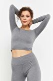 Gri Melanj Uzun Kollu Dar Kalıp  O Yaka Kadın Crop Top - 97150 | XL