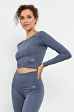Petrol Uzun Kollu Dar Kalıp  O Yaka Kadın Crop Top - 97150 | L