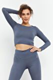 Petrol Uzun Kollu Dar Kalıp  O Yaka Kadın Crop Top - 97150 | XL