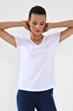 Beyaz Basic Kısa Kol Standart Kalıp V Yaka Kadın T-Shirt - 97145 | M