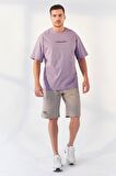 Eflatun Yazı Baskılı O Yaka Erkek Oversize T-Shirt - 87984 | S