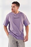 Eflatun Yazı Baskılı O Yaka Erkek Oversize T-Shirt - 87984 | S