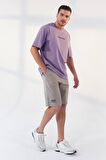 Eflatun Yazı Baskılı O Yaka Erkek Oversize T-Shirt - 87984 | S