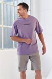 Eflatun Yazı Baskılı O Yaka Erkek Oversize T-Shirt - 87984 | S