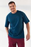 Zümrüt Yazı Baskılı O Yaka Erkek Oversize T-Shirt - 87984 | XXL