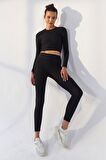 Siyah Kendinden Desenli O Yaka Uzun Kol Kadın Crop Top - 97153 | L