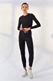 Siyah Kendinden Desenli O Yaka Uzun Kol Kadın Crop Top - 97153 | L