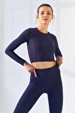 İndigo Kendinden Desenli O Yaka Uzun Kol Kadın Crop Top - 97153 | S