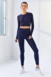 İndigo Kendinden Desenli O Yaka Uzun Kol Kadın Crop Top - 97153 | S