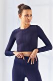 İndigo Kendinden Desenli O Yaka Uzun Kol Kadın Crop Top - 97153 | S