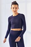 İndigo Kendinden Desenli O Yaka Uzun Kol Kadın Crop Top - 97153 | S