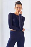 İndigo Kendinden Desenli O Yaka Uzun Kol Kadın Crop Top - 97153 | S