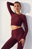 Bordo Kendinden Desenli O Yaka Uzun Kol Kadın Crop Top - 97153 | XL