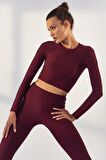 Bordo Kendinden Desenli O Yaka Uzun Kol Kadın Crop Top - 97153 | XL