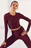 Bordo Kendinden Desenli O Yaka Uzun Kol Kadın Crop Top - 97153 | XL