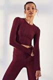 Bordo Kendinden Desenli O Yaka Uzun Kol Kadın Crop Top - 97153 | XL