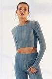 Mint Yeşili Kendinden Desenli O Yaka Uzun Kol Kadın Crop Top - 97153 | XL