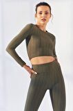 Çağla Kendinden Desenli O Yaka Uzun Kol Kadın Crop Top - 97153 | L