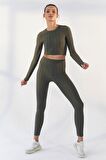 Çağla Kendinden Desenli O Yaka Uzun Kol Kadın Crop Top - 97153 | L