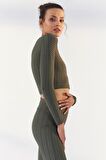 Çağla Kendinden Desenli O Yaka Uzun Kol Kadın Crop Top - 97153 | L