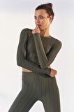 Çağla Kendinden Desenli O Yaka Uzun Kol Kadın Crop Top - 97153 | L