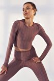 Gül Kurusu Kendinden Desenli O Yaka Uzun Kol Kadın Crop Top - 97153 | L