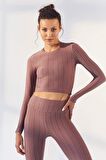 Gül Kurusu Kendinden Desenli O Yaka Uzun Kol Kadın Crop Top - 97153 | L