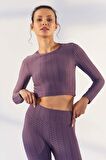 Eflatun Kendinden Desenli O Yaka Uzun Kol Kadın Crop Top - 97153 | XL