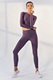 Eflatun Kendinden Desenli O Yaka Uzun Kol Kadın Crop Top - 97153 | XL