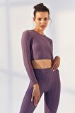 Eflatun Kendinden Desenli O Yaka Uzun Kol Kadın Crop Top - 97153 | XL