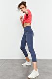 Petrol Yüksek Bel Slim Fit Dar Paça Kadın Kapri Tayt - 93097 | S