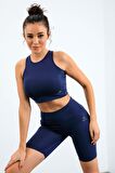 İndigo Yüksek Bel Toparlayıcı Dar Kalıp Crop Biker Kadın Tayt Takım - 95302 | M