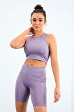 Eflatun Yüksek Bel Toparlayıcı Dar Kalıp Crop Biker Kadın Tayt Takım - 95302 | XL