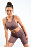 Gül Kurusu Yüksek Bel Toparlayıcı Slim Fit Büstiyer Biker Kadın Tayt Takım - 95303 | L