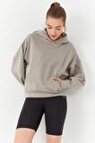 Koyu Bej Balon Kol Kapüşonlu Kadın Oversize Sweatshirt - 97156 | XL