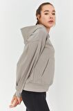 Koyu Bej Balon Kol Kapüşonlu Kadın Oversize Sweatshirt - 97156 | XL
