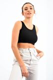 Siyah Basic Sıfır Kol Dar Kalıp U Yaka Kadın Crop Top - 97160 | M