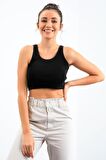 Siyah Basic Sıfır Kol Dar Kalıp U Yaka Kadın Crop Top - 97162 | XS