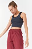 Lacivert Melanj Basic Sıfır Kol Dar Kalıp U Yaka Kadın Crop Top - 97162 | L