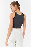 Antrasit Melanj Basic Sıfır Kol Dar Kalıp U Yaka Kadın Crop Top - 97162 | S