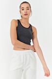 Antrasit Melanj Basic Sıfır Kol Dar Kalıp U Yaka Kadın Crop Top - 97162 | S