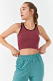 Bordo Basic Sıfır Kol Dar Kalıp U Yaka Kadın Crop Top - 97162 | L