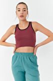 Bordo Basic Sıfır Kol Dar Kalıp U Yaka Kadın Crop Top - 97162 | XS